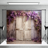 Aperturee - Painted Shabby Door Purple Floral Photo Backdrop